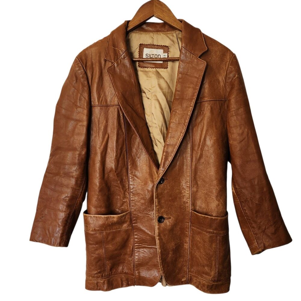 Vintage 70s Silton Mens 40R Tan Destroyed Leather Blazer Western Sport Coat